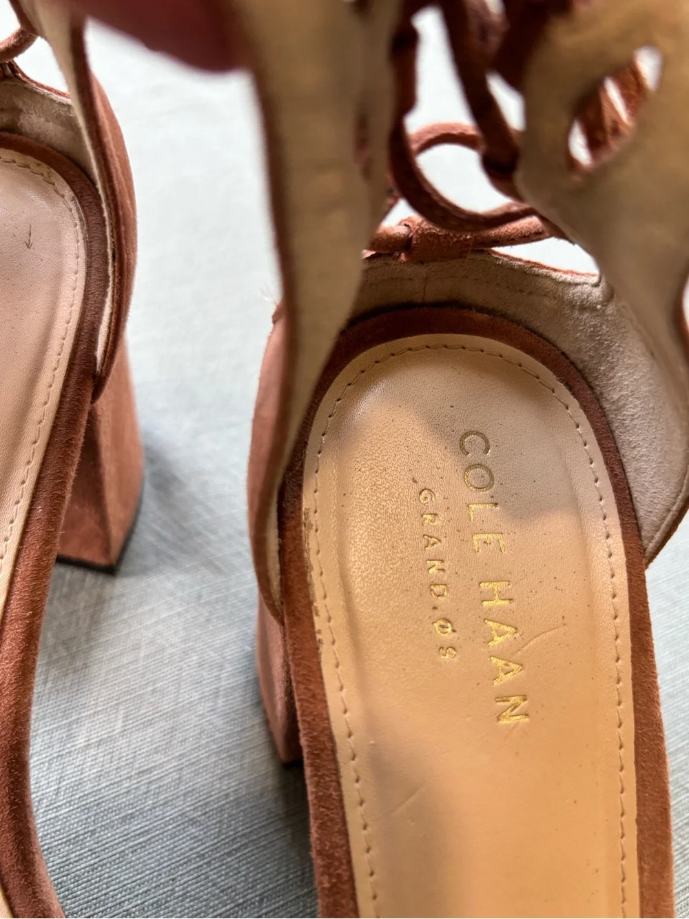 Cole Haan Dusty Rose Suede Lace-Up Block Heel Sandals 8B